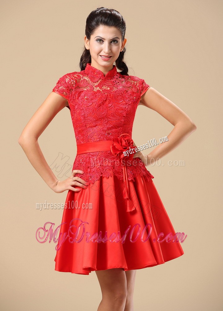 High-neck Red Mother Of The Bride Dress With Sash Lace and Taffeta In Juneau
