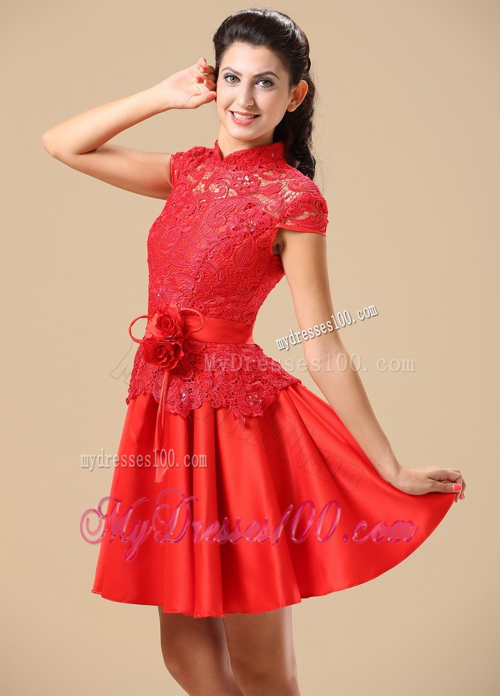 High-neck Red Mother Of The Bride Dress With Sash Lace and Taffeta In Juneau
