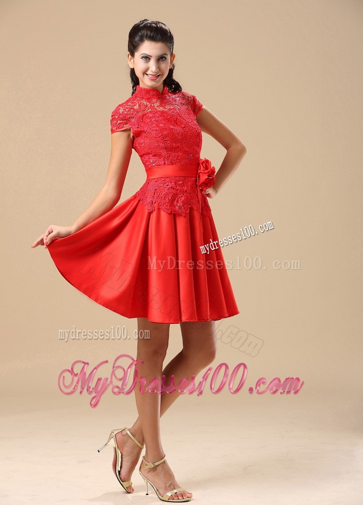 High-neck Red Mother Of The Bride Dress With Sash Lace and Taffeta In Juneau
