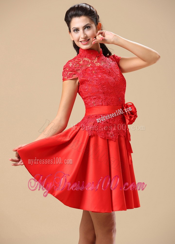 High-neck Red Mother Of The Bride Dress With Sash Lace and Taffeta In Juneau