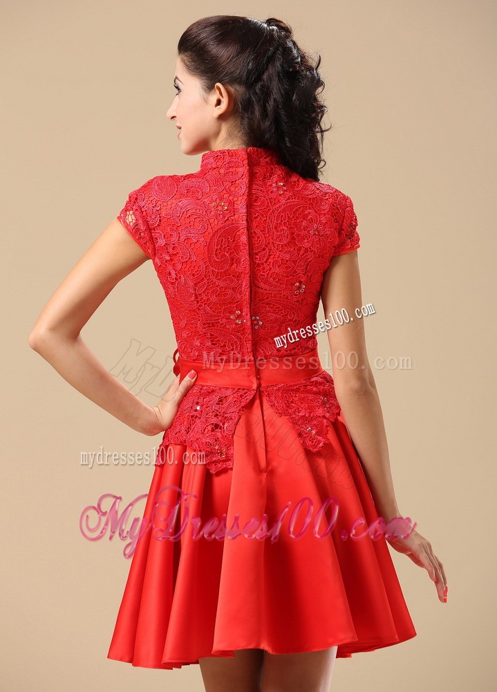 High-neck Red Mother Of The Bride Dress With Sash Lace and Taffeta In Juneau