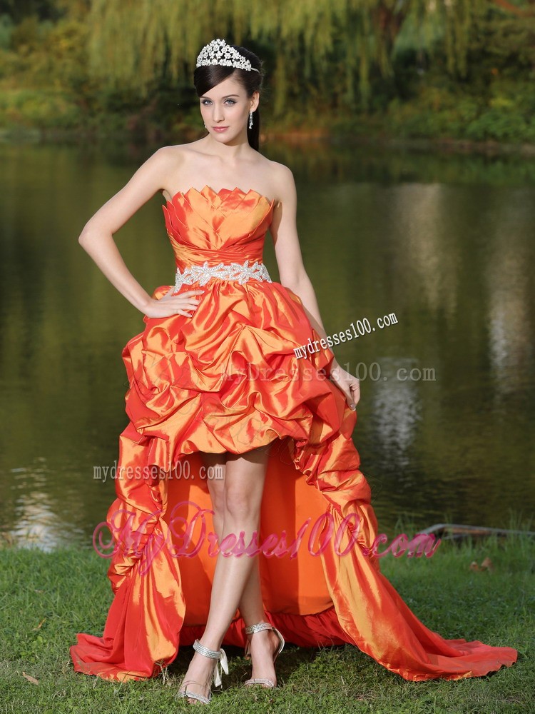 High-Low Orange Red Taffeta Dama Dresses for Quinceanera With Strapless Lace-up