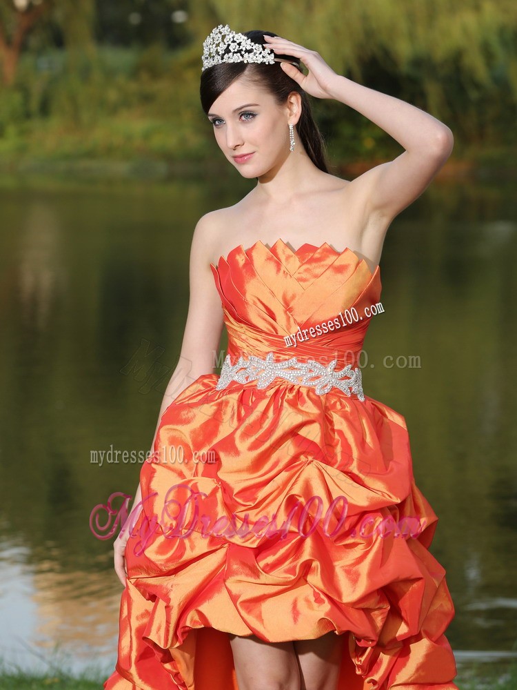 High-Low Orange Red Taffeta Dama Dresses for Quinceanera With Strapless Lace-up