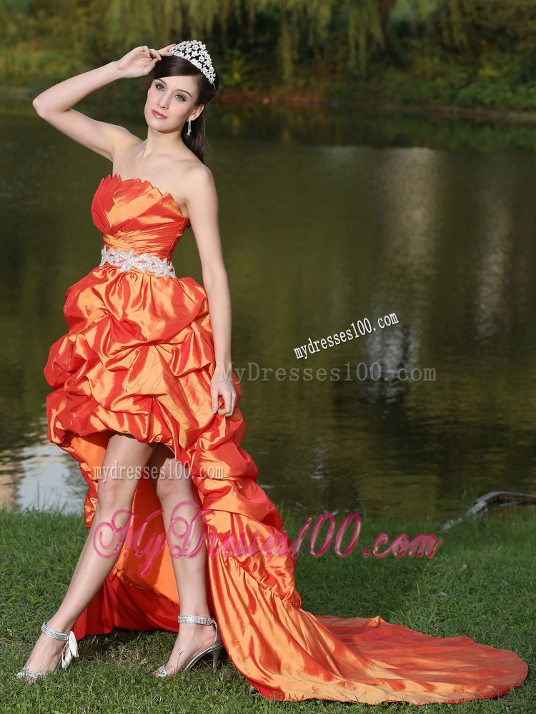High-Low Orange Red Taffeta Dama Dresses for Quinceanera With Strapless Lace-up