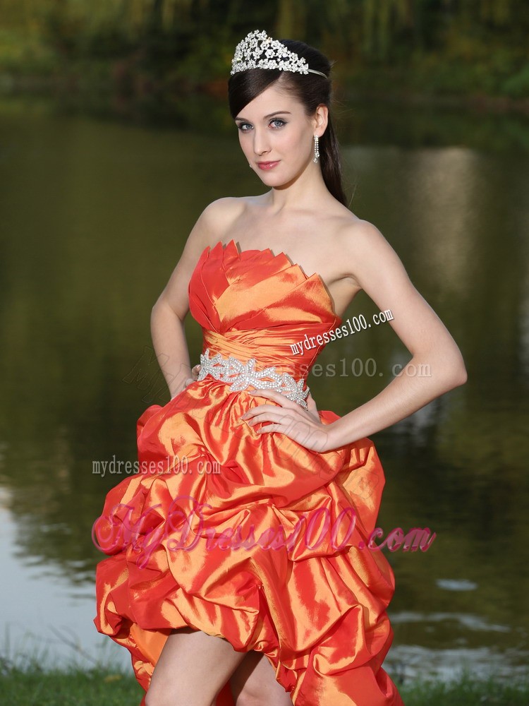 High-Low Orange Red Taffeta Dama Dresses for Quinceanera With Strapless Lace-up