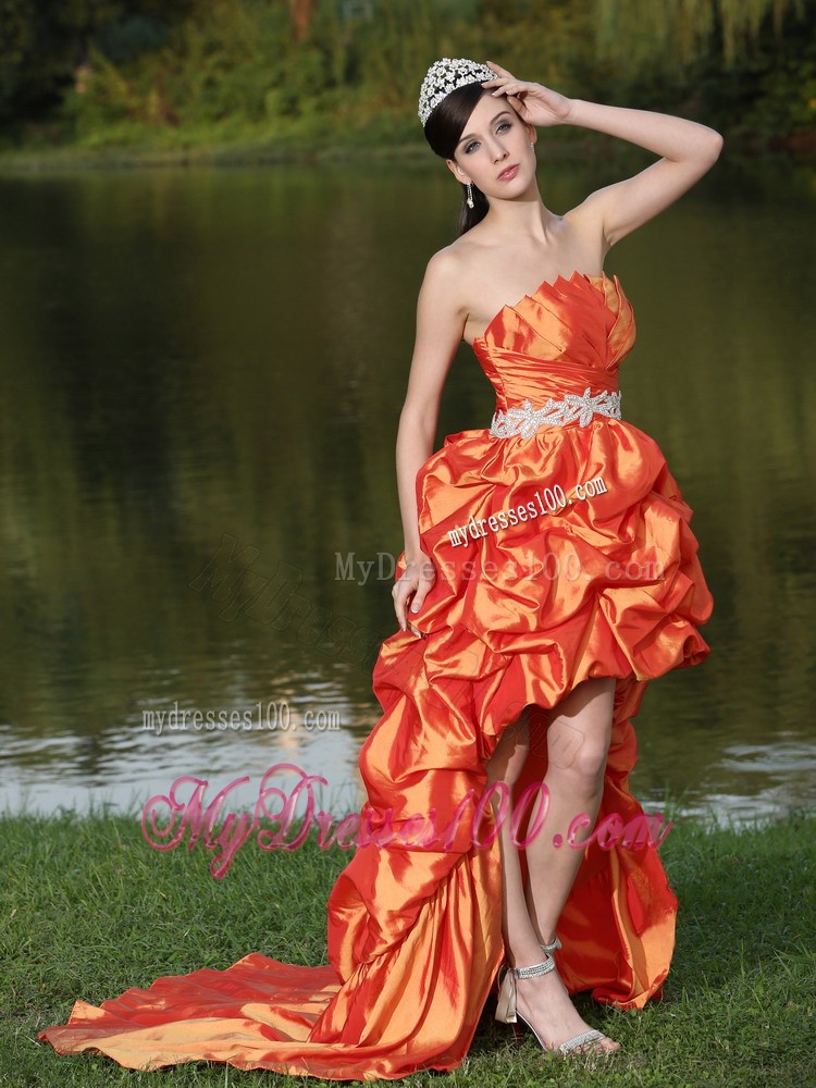 High-Low Orange Red Taffeta Dama Dresses for Quinceanera With Strapless Lace-up