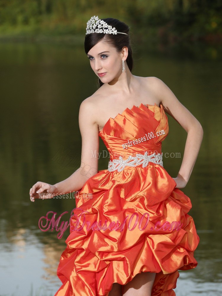 High-Low Orange Red Taffeta Dama Dresses for Quinceanera With Strapless Lace-up
