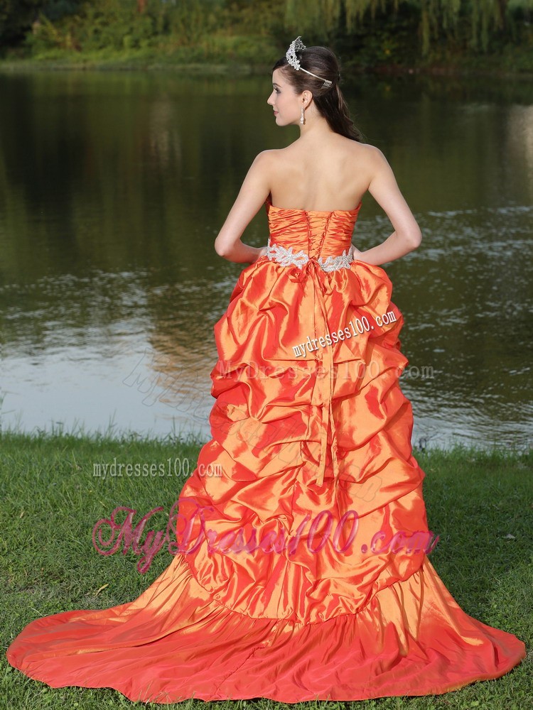 High-Low Orange Red Taffeta Dama Dresses for Quinceanera With Strapless Lace-up