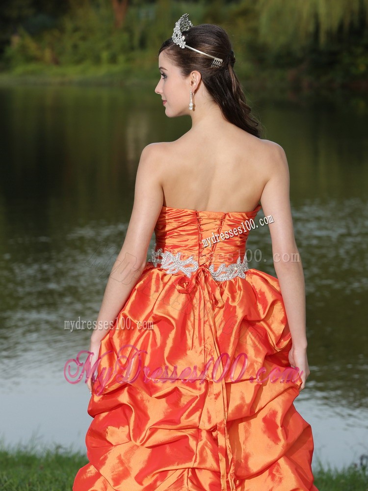 High-Low Orange Red Taffeta Dama Dresses for Quinceanera With Strapless Lace-up