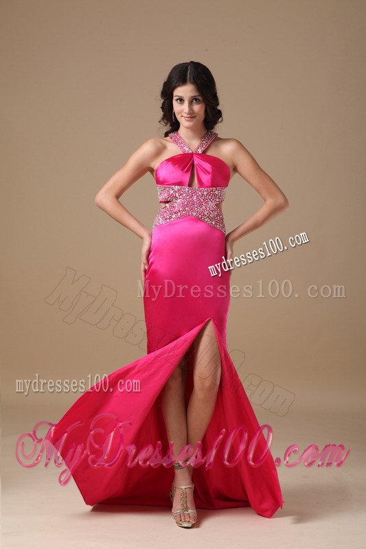 Coral Red Column V-neck Brush Train Prom Dress with Beading
