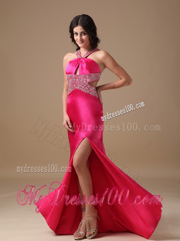 Coral Red Column V-neck Brush Train Prom Dress with Beading