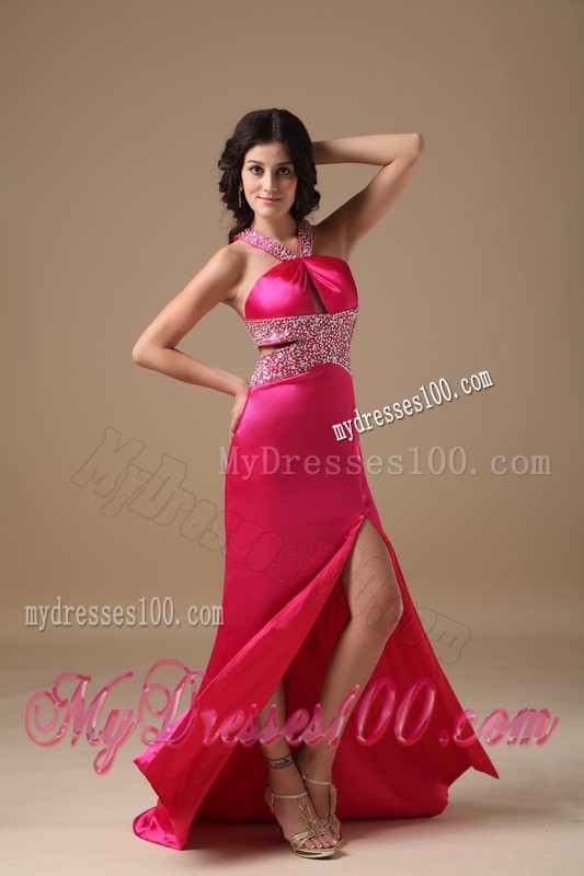 Coral Red Column V-neck Brush Train Prom Dress with Beading