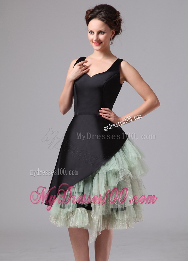 Black and Green Straps Ruffles Layered Knee-length Evening Dress