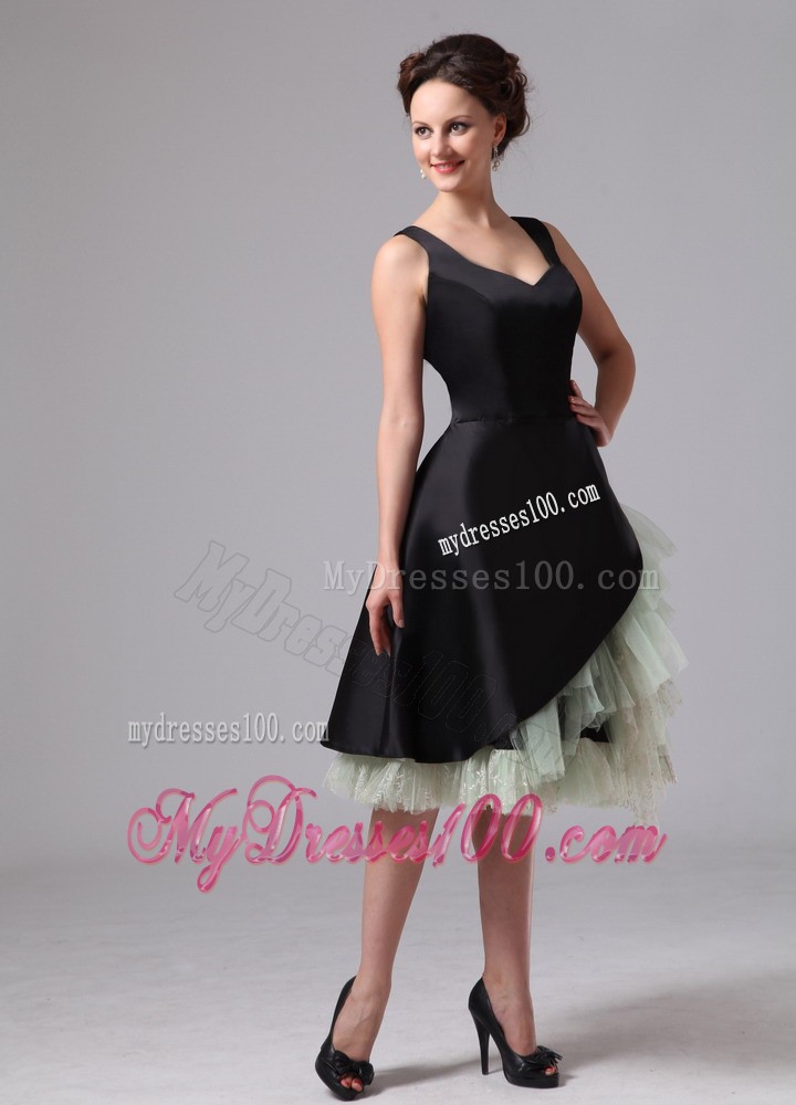 Black and Green Straps Ruffles Layered Knee-length Evening Dress