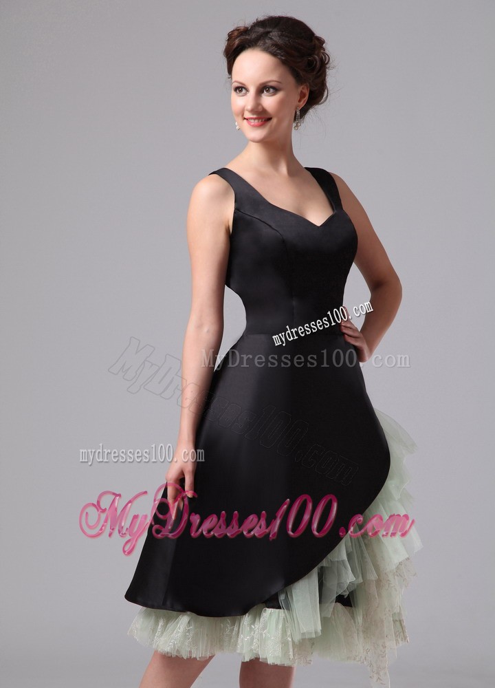 Black and Green Straps Ruffles Layered Knee-length Evening Dress
