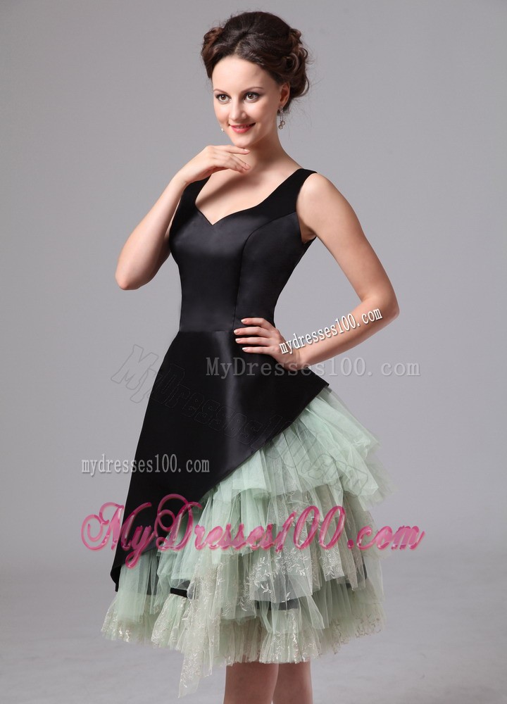 Black and Green Straps Ruffles Layered Knee-length Evening Dress