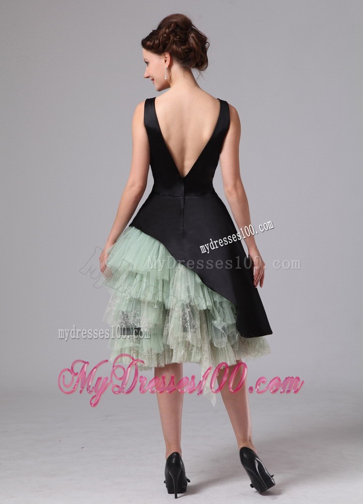 Black and Green Straps Ruffles Layered Knee-length Evening Dress