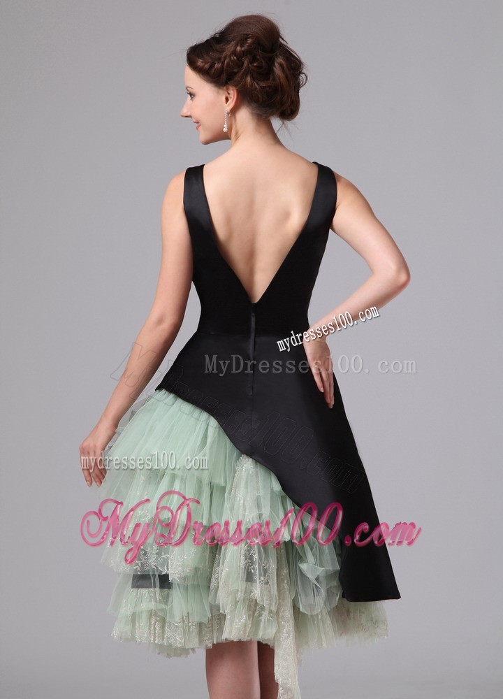 Black and Green Straps Ruffles Layered Knee-length Evening Dress
