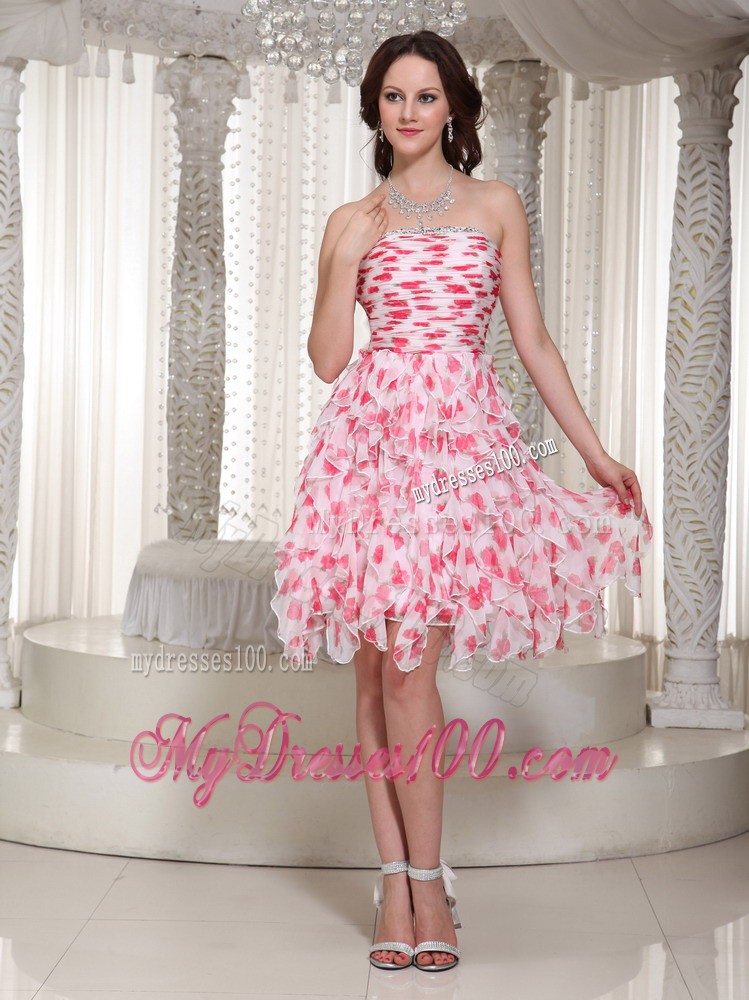 Strapless Beading and Ruching Knee-length Printing Evening Dress