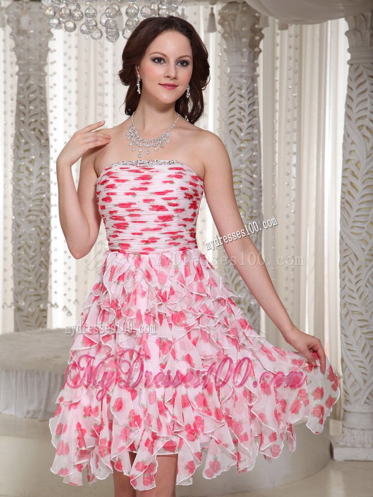 Strapless Beading and Ruching Knee-length Printing Evening Dress