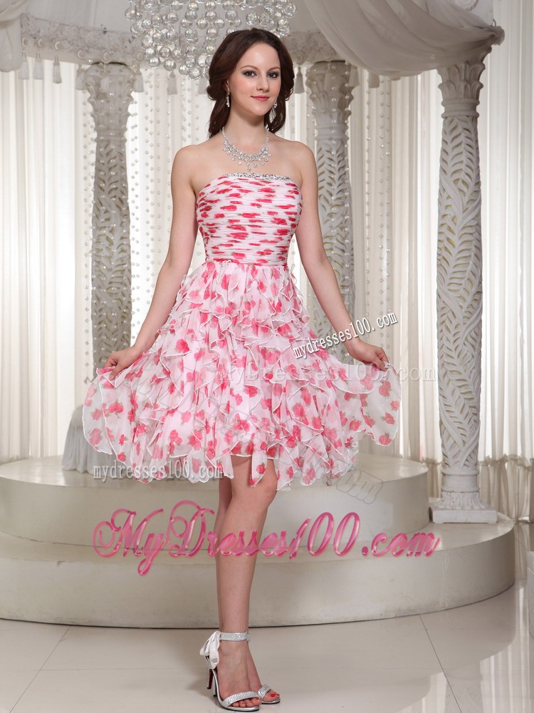 Strapless Beading and Ruching Knee-length Printing Evening Dress