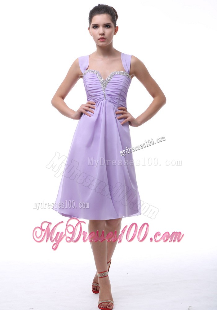 Lavender Straps Prom Dress With Beaded and Ruching Decorate