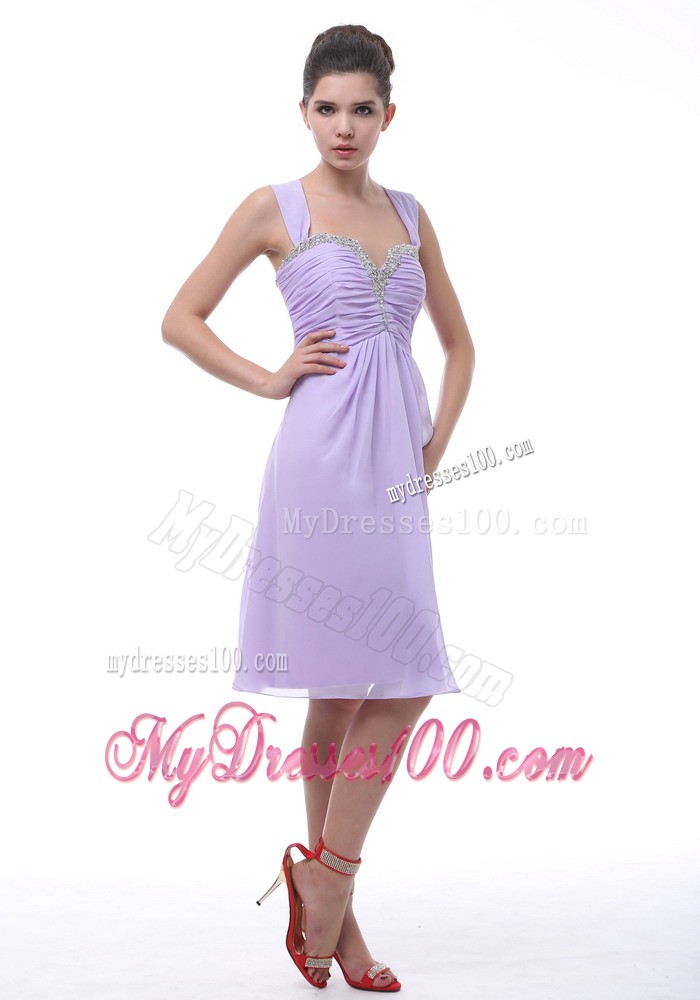 Lavender Straps Prom Dress With Beaded and Ruching Decorate