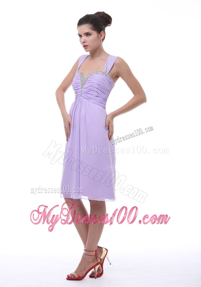 Lavender Straps Prom Dress With Beaded and Ruching Decorate