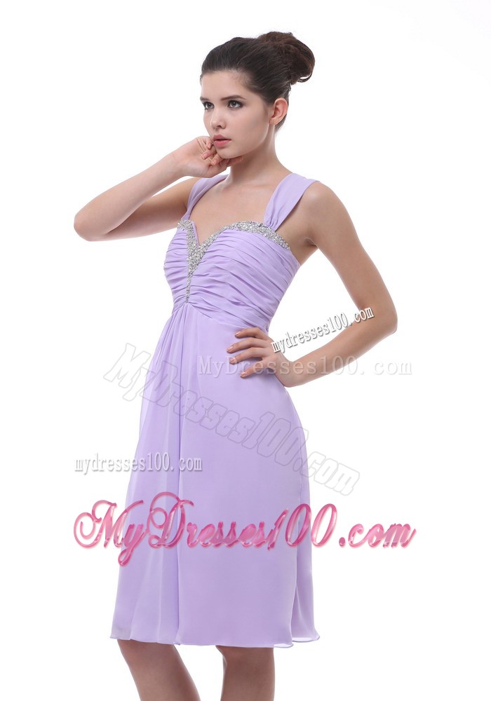 Lavender Straps Prom Dress With Beaded and Ruching Decorate