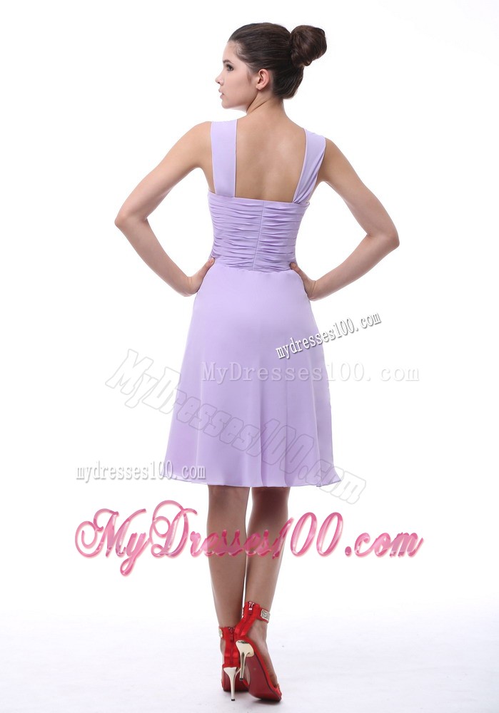 Lavender Straps Prom Dress With Beaded and Ruching Decorate