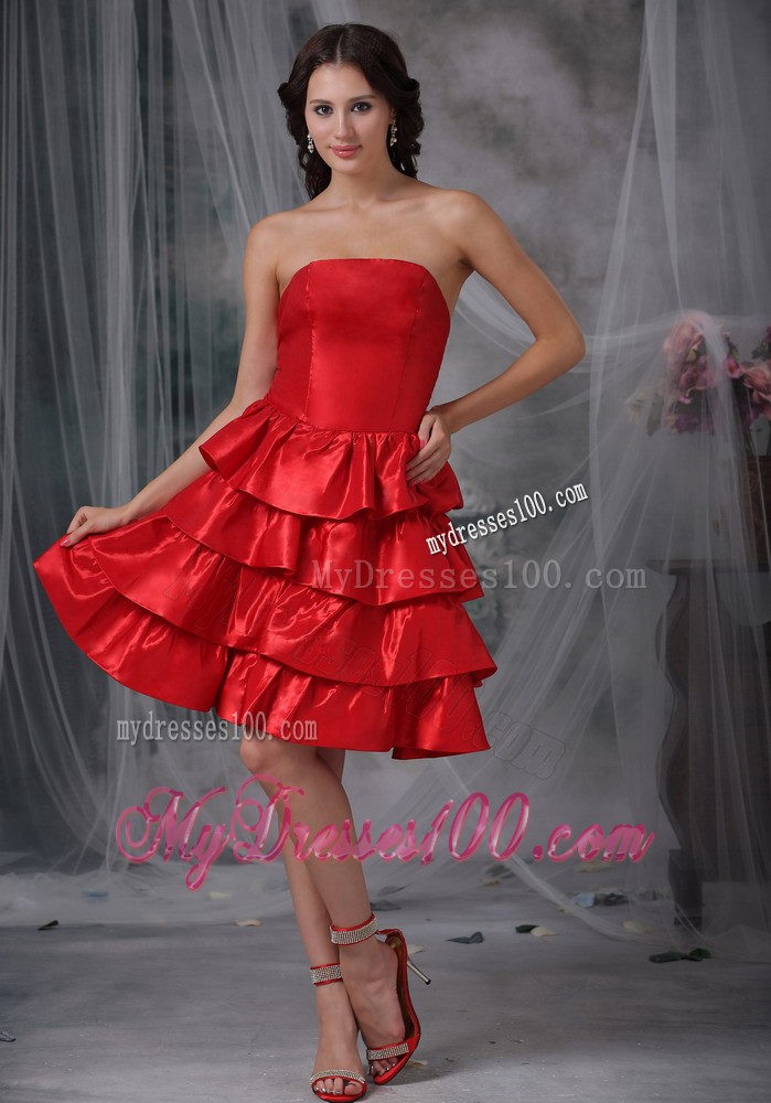 Chic Red Strapless Knee-length Ruffled Layers Prom Evening Dress