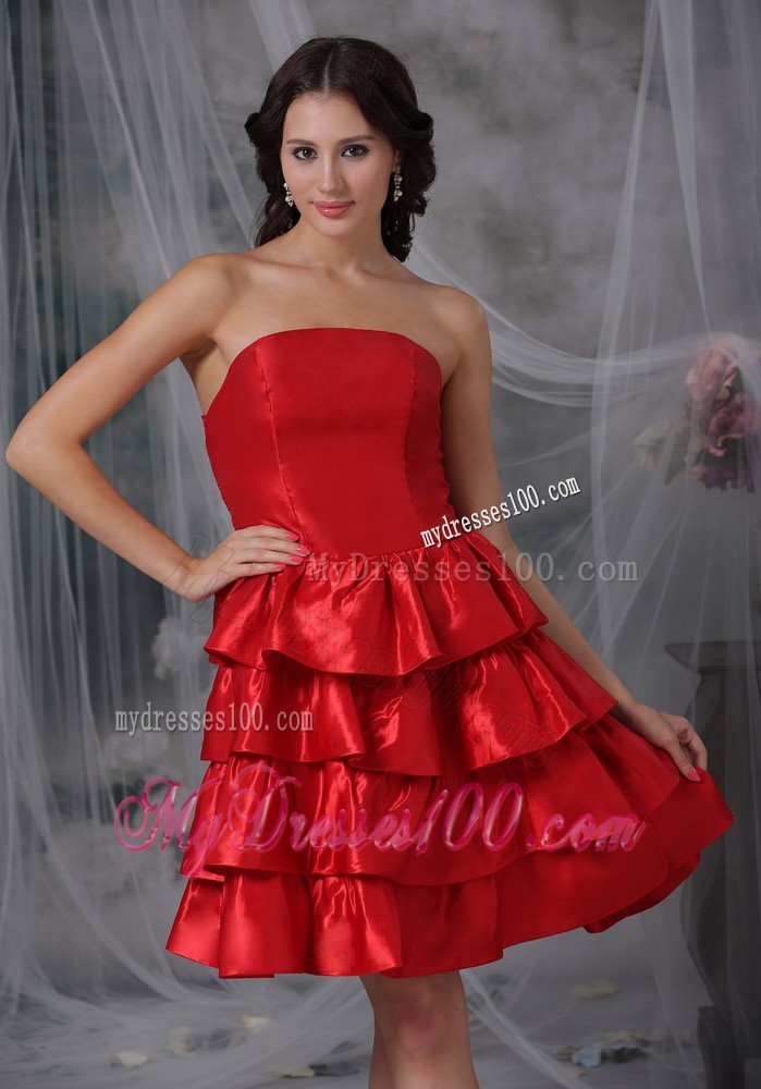 Chic Red Strapless Knee-length Ruffled Layers Prom Evening Dress