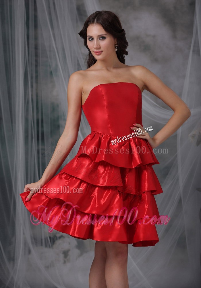 Chic Red Strapless Knee-length Ruffled Layers Prom Evening Dress