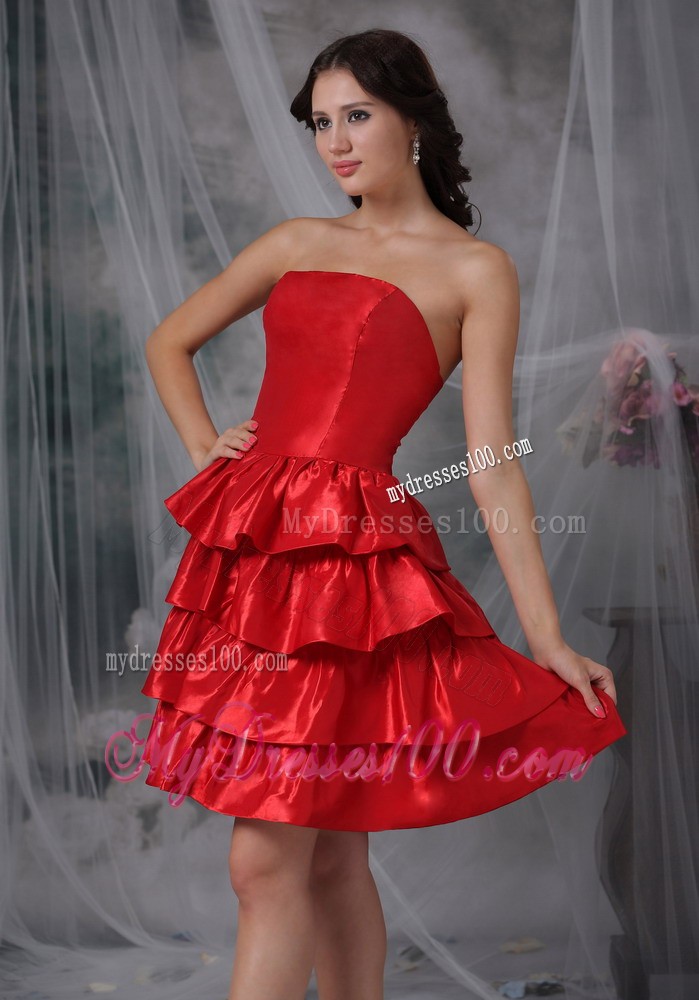 Chic Red Strapless Knee-length Ruffled Layers Prom Evening Dress