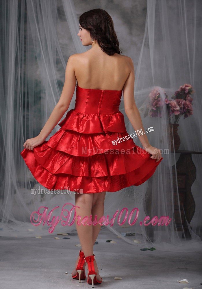 Chic Red Strapless Knee-length Ruffled Layers Prom Evening Dress