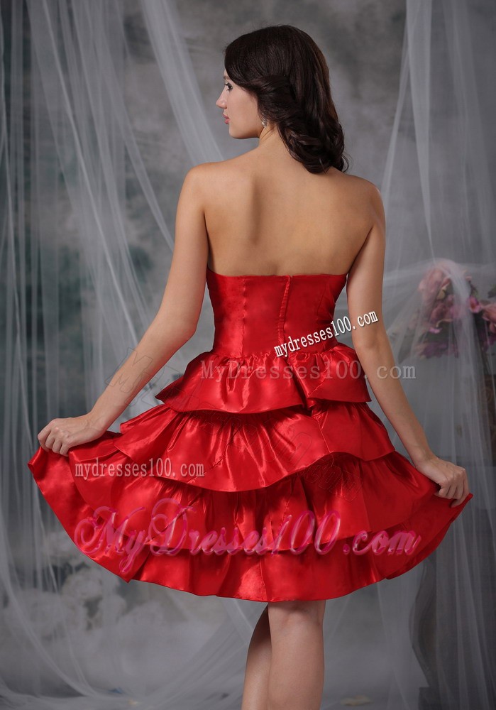 Chic Red Strapless Knee-length Ruffled Layers Prom Evening Dress