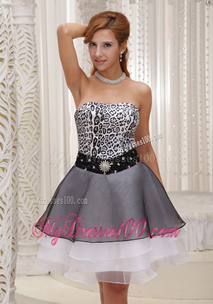 Beaded Decorate Waist Leopard Short Strapless Evening Prom Dress
