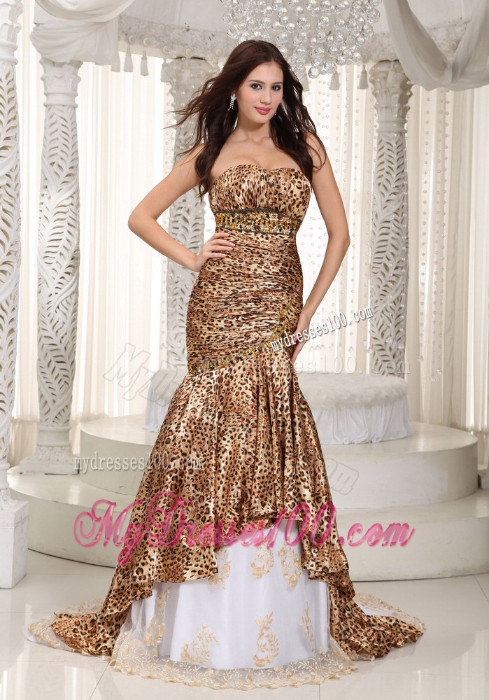 White Mermaid Sweetheart Court Train Leopard Beading Prom Dress