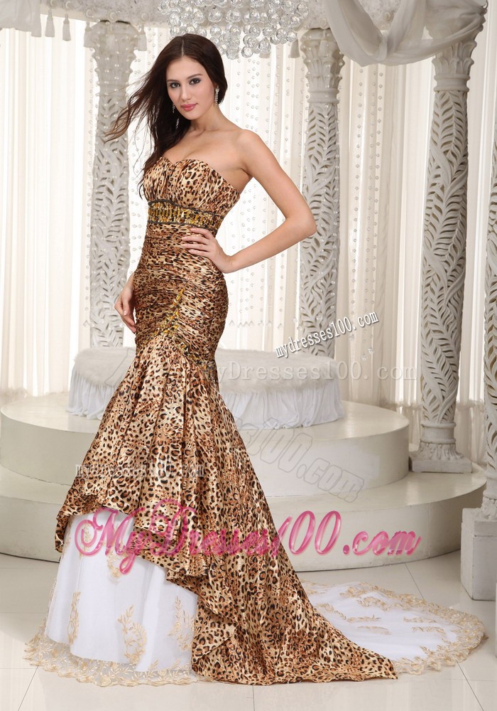 White Mermaid Sweetheart Court Train Leopard Beading Prom Dress