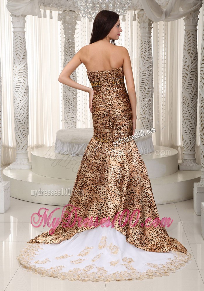 White Mermaid Sweetheart Court Train Leopard Beading Prom Dress