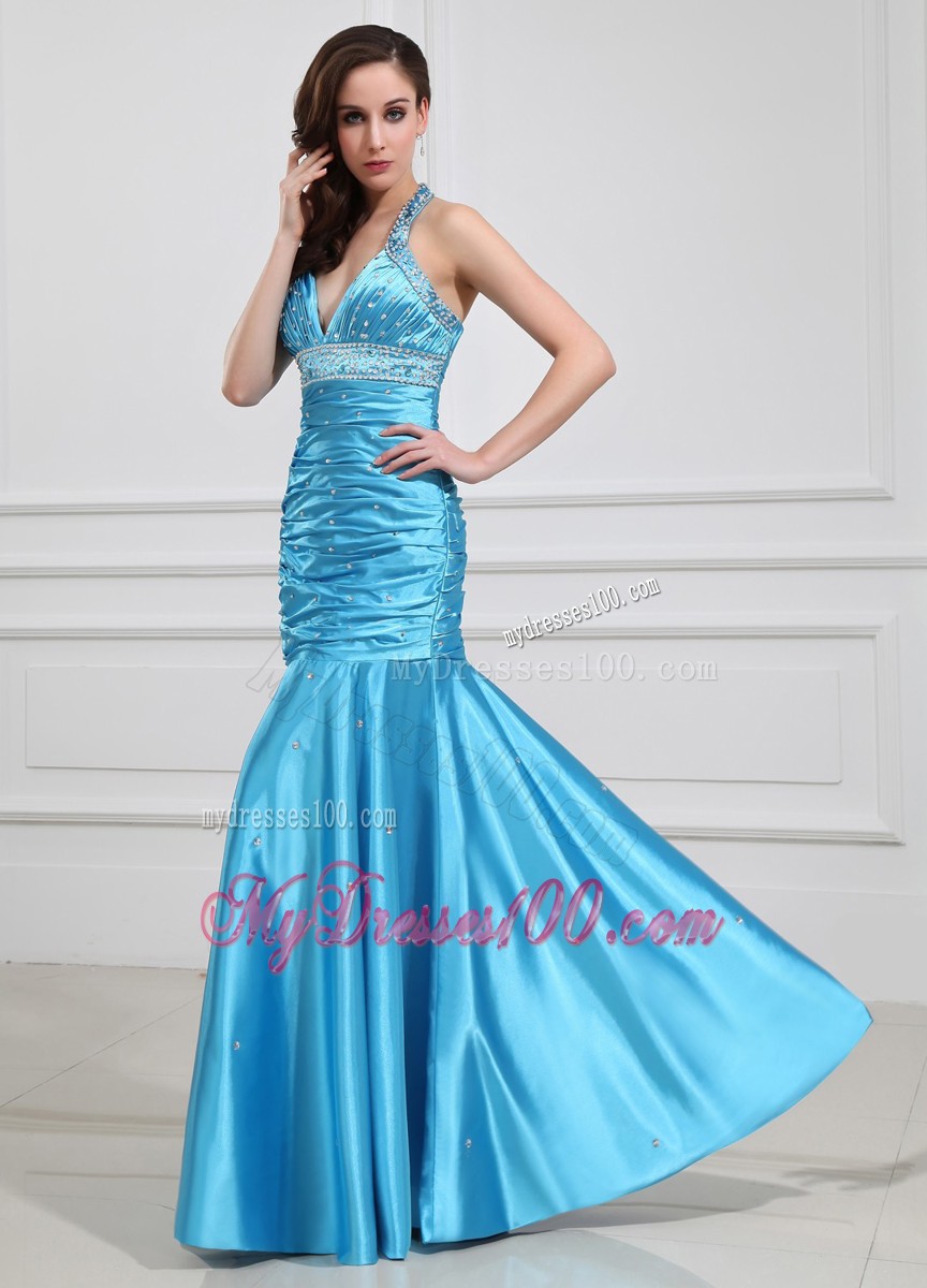 Mermaid Beading Halter Elastic Woven Satin Prom Dress Floor-length Blue