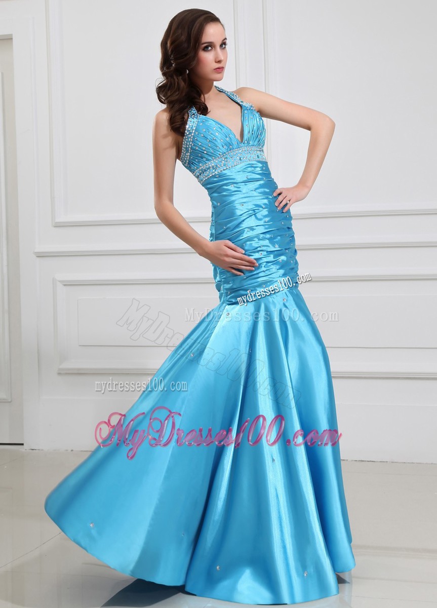 Mermaid Beading Halter Elastic Woven Satin Prom Dress Floor-length Blue