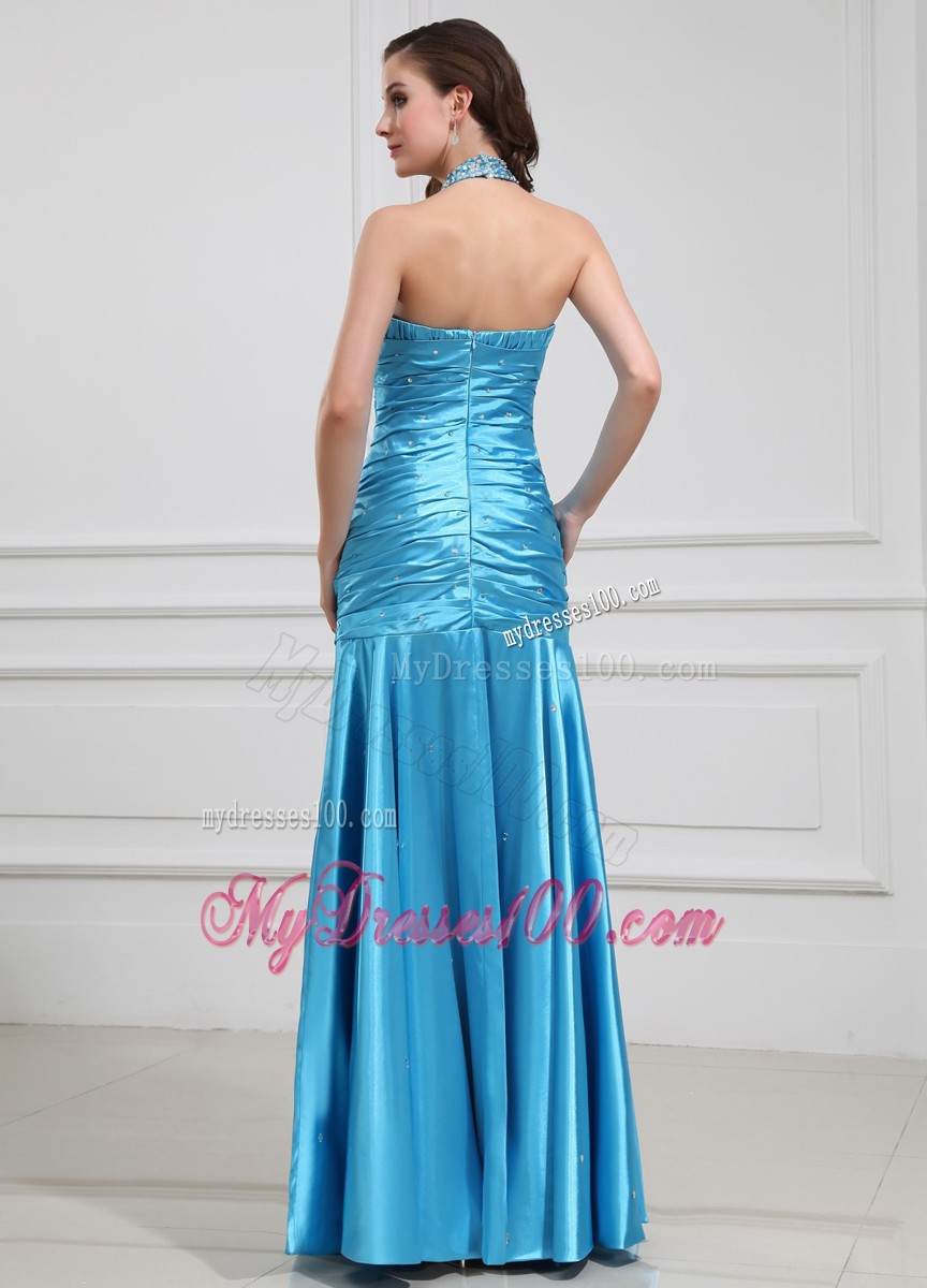 Mermaid Beading Halter Elastic Woven Satin Prom Dress Floor-length Blue