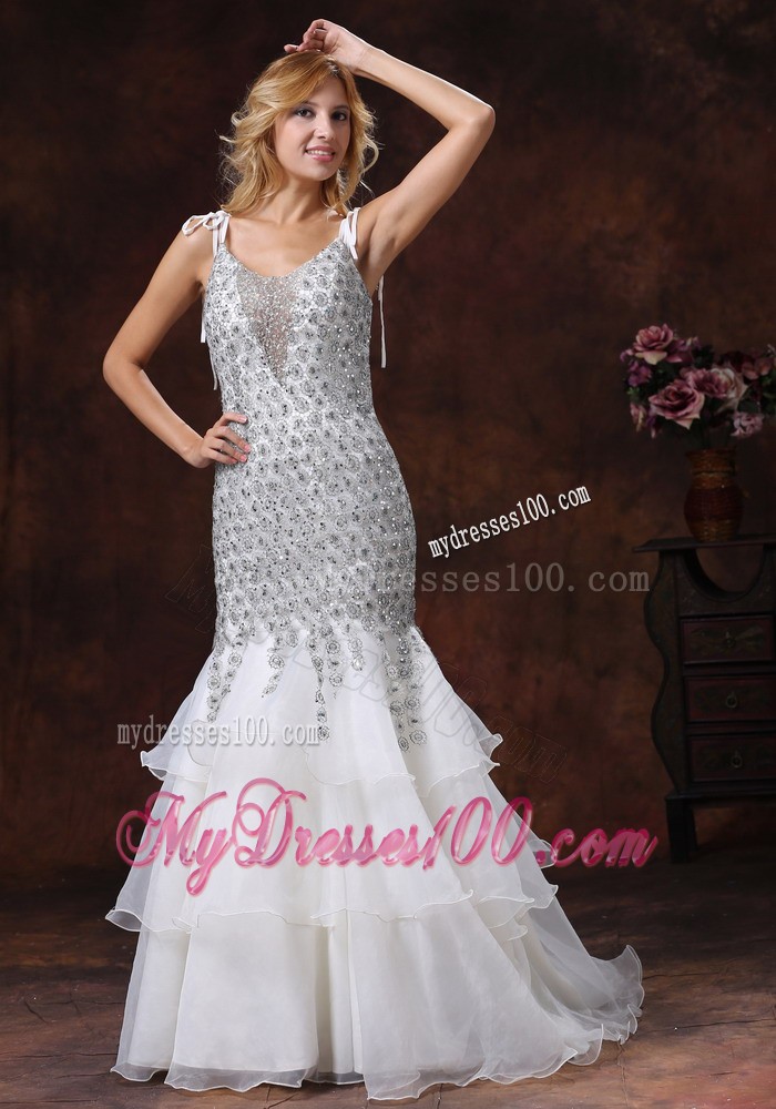 Unique Mermaid Straps Lace Evening Dress with Ruffled Layers
