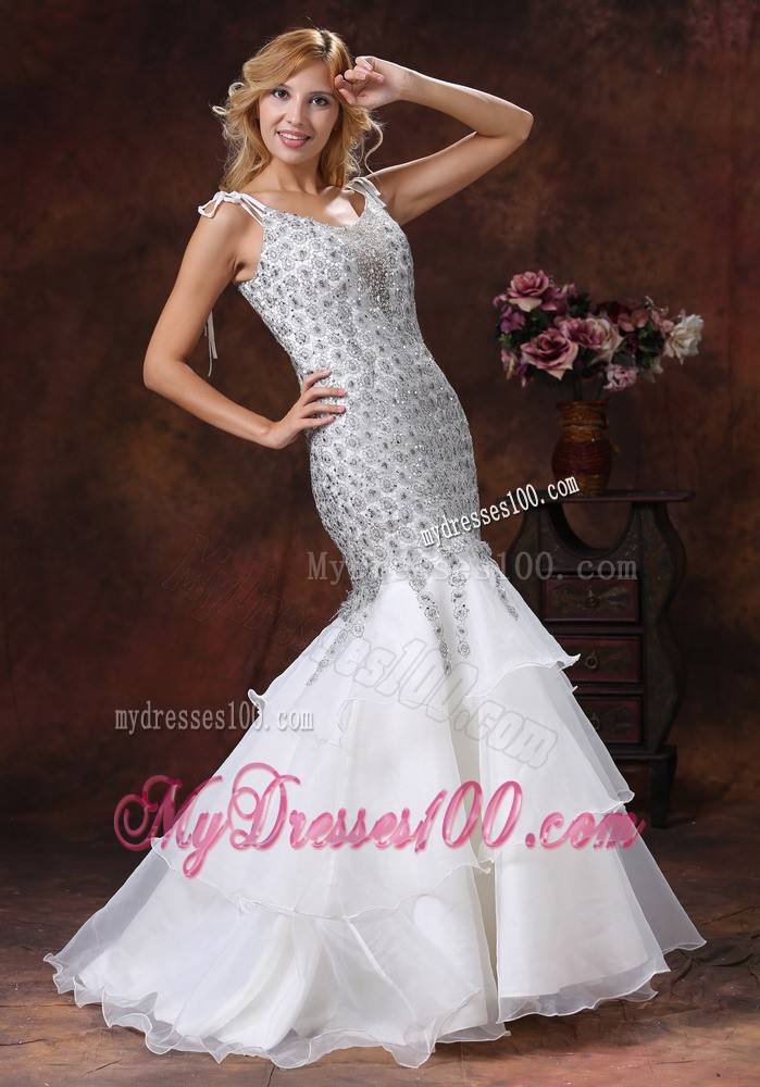 Unique Mermaid Straps Lace Evening Dress with Ruffled Layers