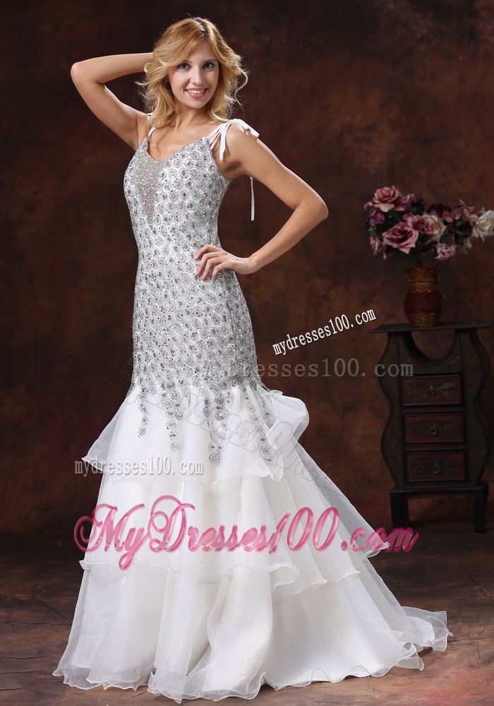 Unique Mermaid Straps Lace Evening Dress with Ruffled Layers