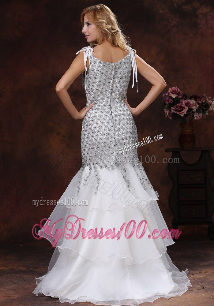 Unique Mermaid Straps Lace Evening Dress with Ruffled Layers