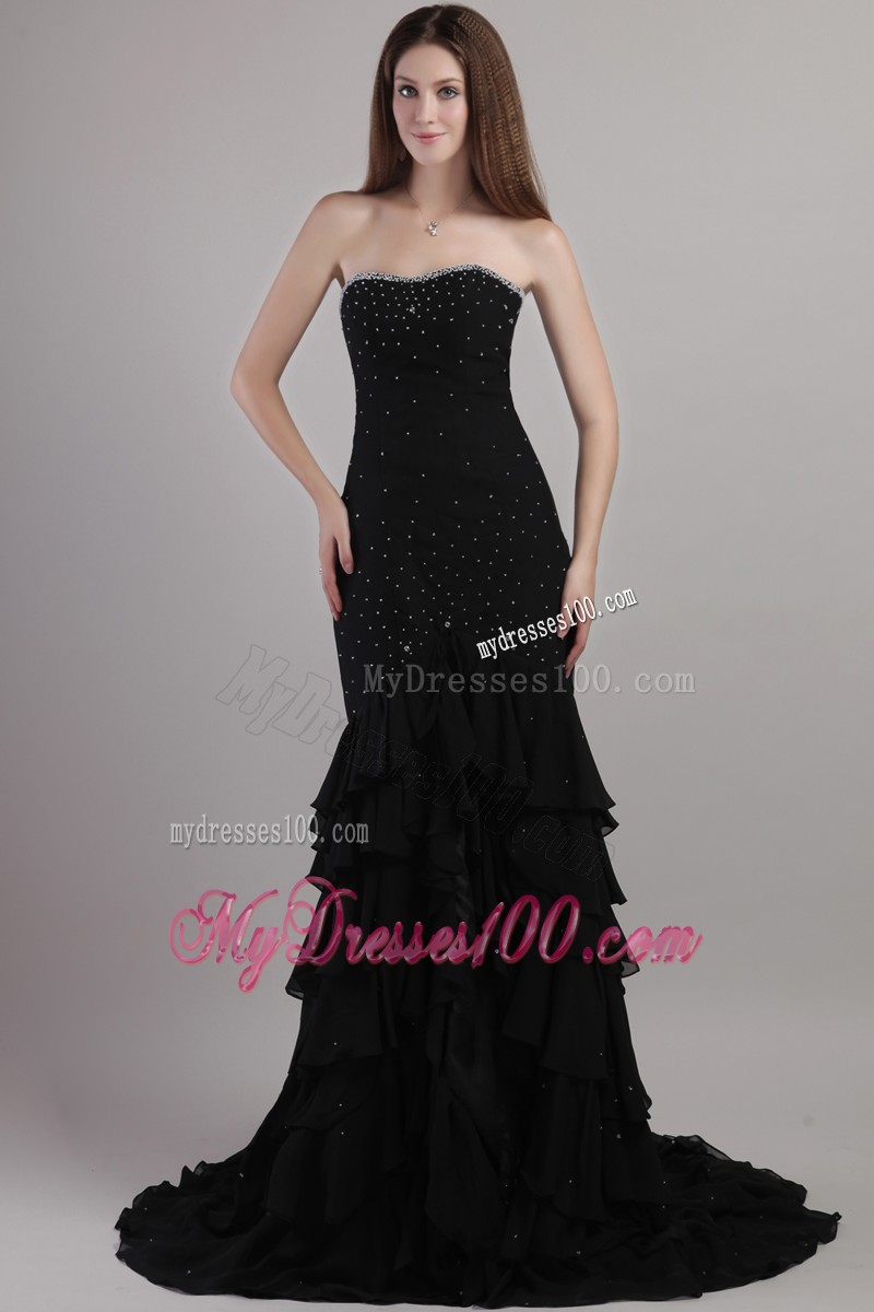 Black Trumpet Sweetheart Court Train Beading Evening Dresses
