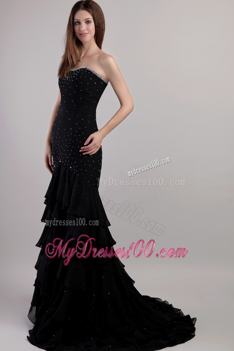 Black Trumpet Sweetheart Court Train Beading Evening Dresses