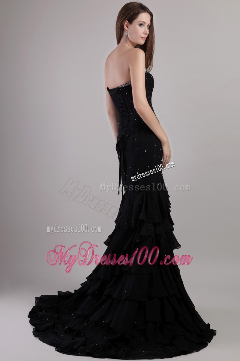 Black Trumpet Sweetheart Court Train Beading Evening Dresses